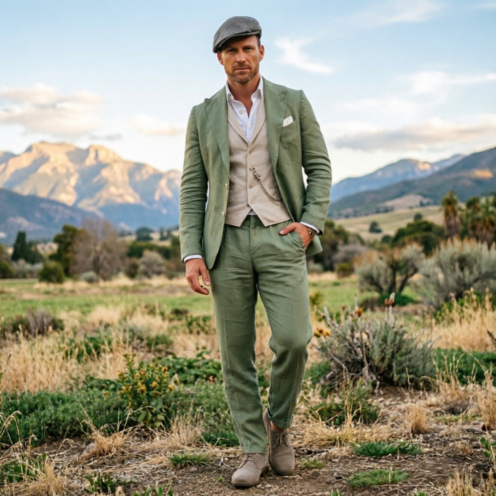 Men Linen Formal Wear - Terno Masculino de Linho Verde Sálvia