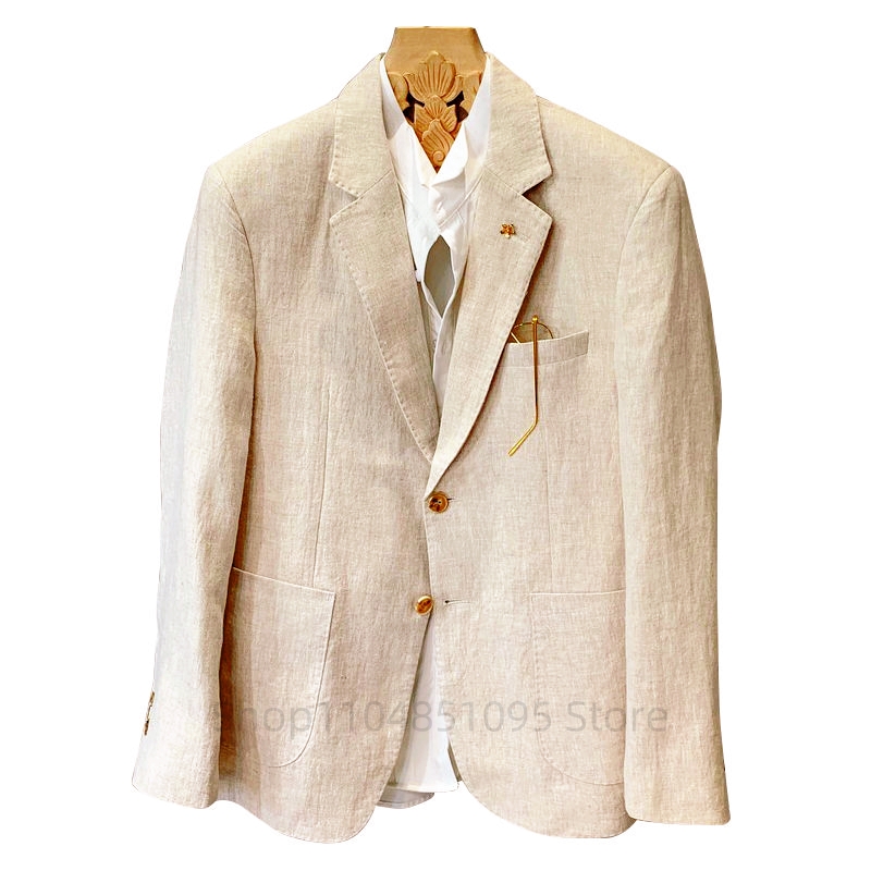 Men Linen Formal Wear - Blazer Masculino Bege de Linho: Jaqueta