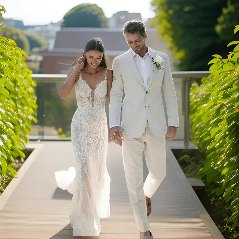 Men Linen Formal Wear - Smoking de casamento de linho para